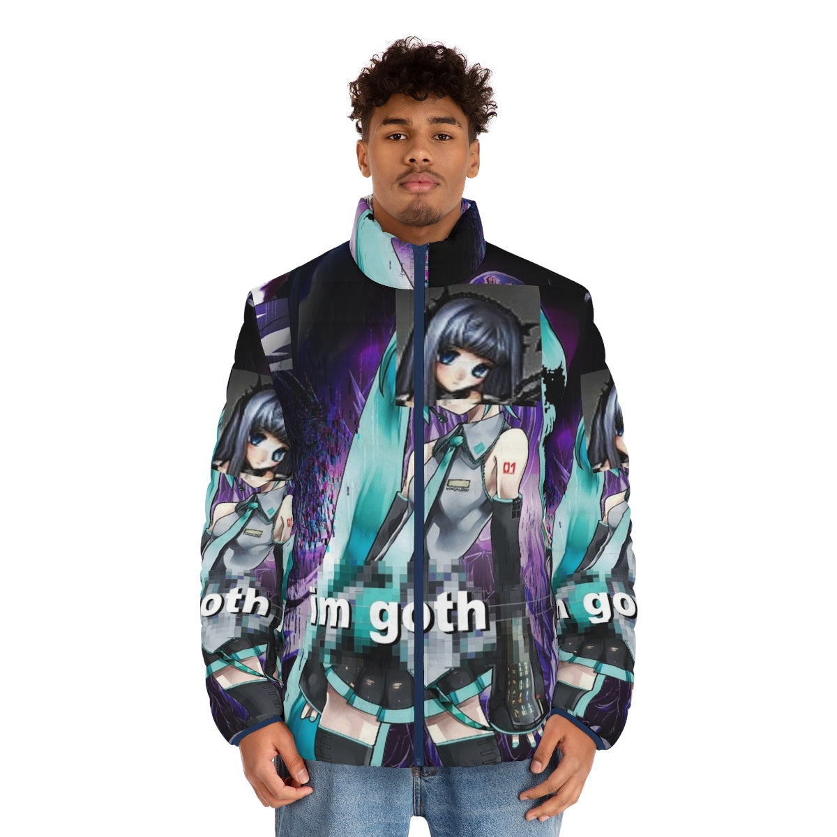 Goth-inspired puffer jacket with anime-style graphics and Omocat brand elements - men front