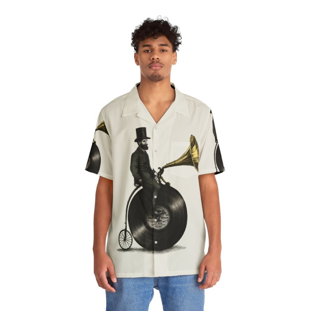 Retro music man hawaiian shirt with vintage illustration of man wearing top hat and riding bicycle - People Front