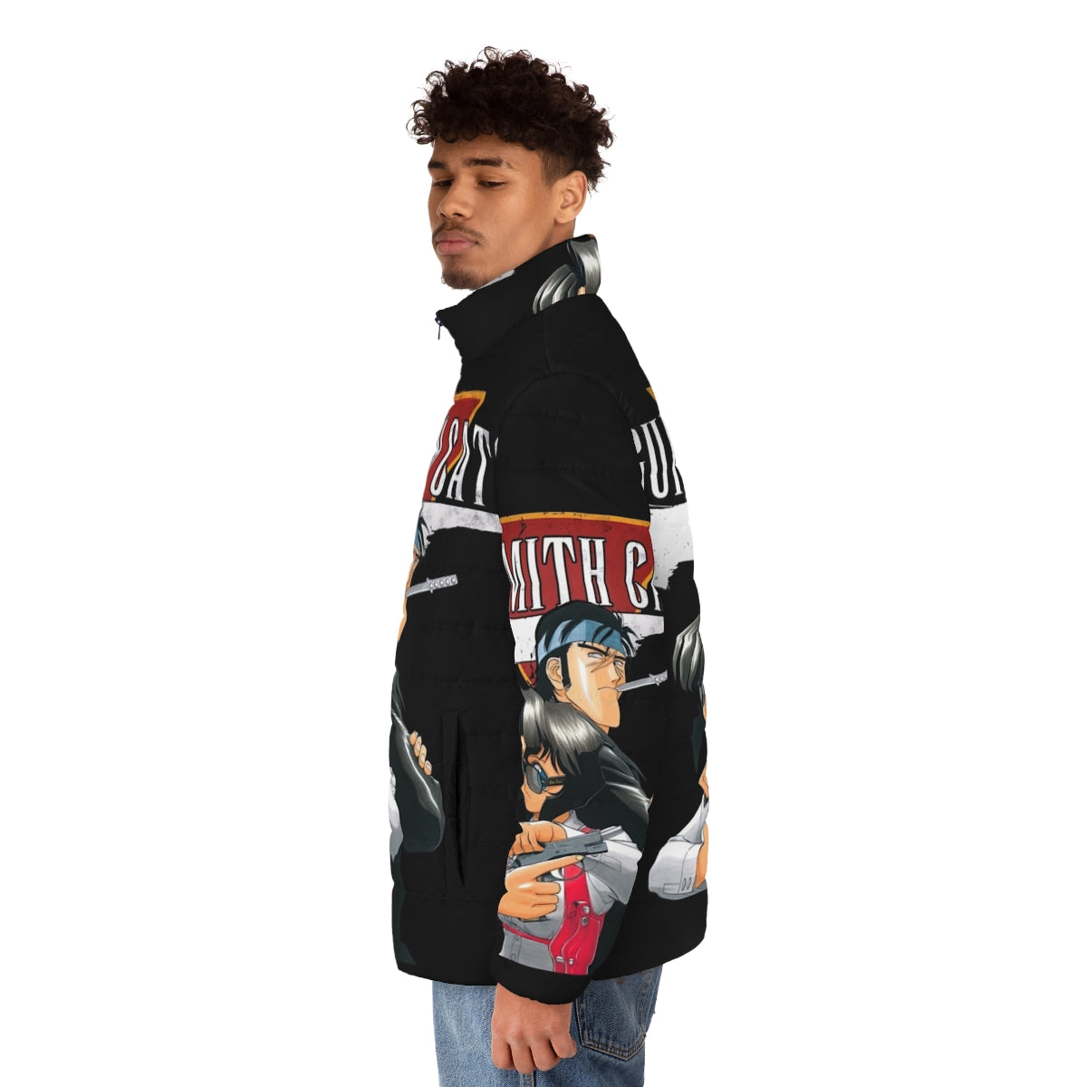 Vintage Gunsmith Cats anime puffer jacket with 90s Japanese manga inspired design - men side left