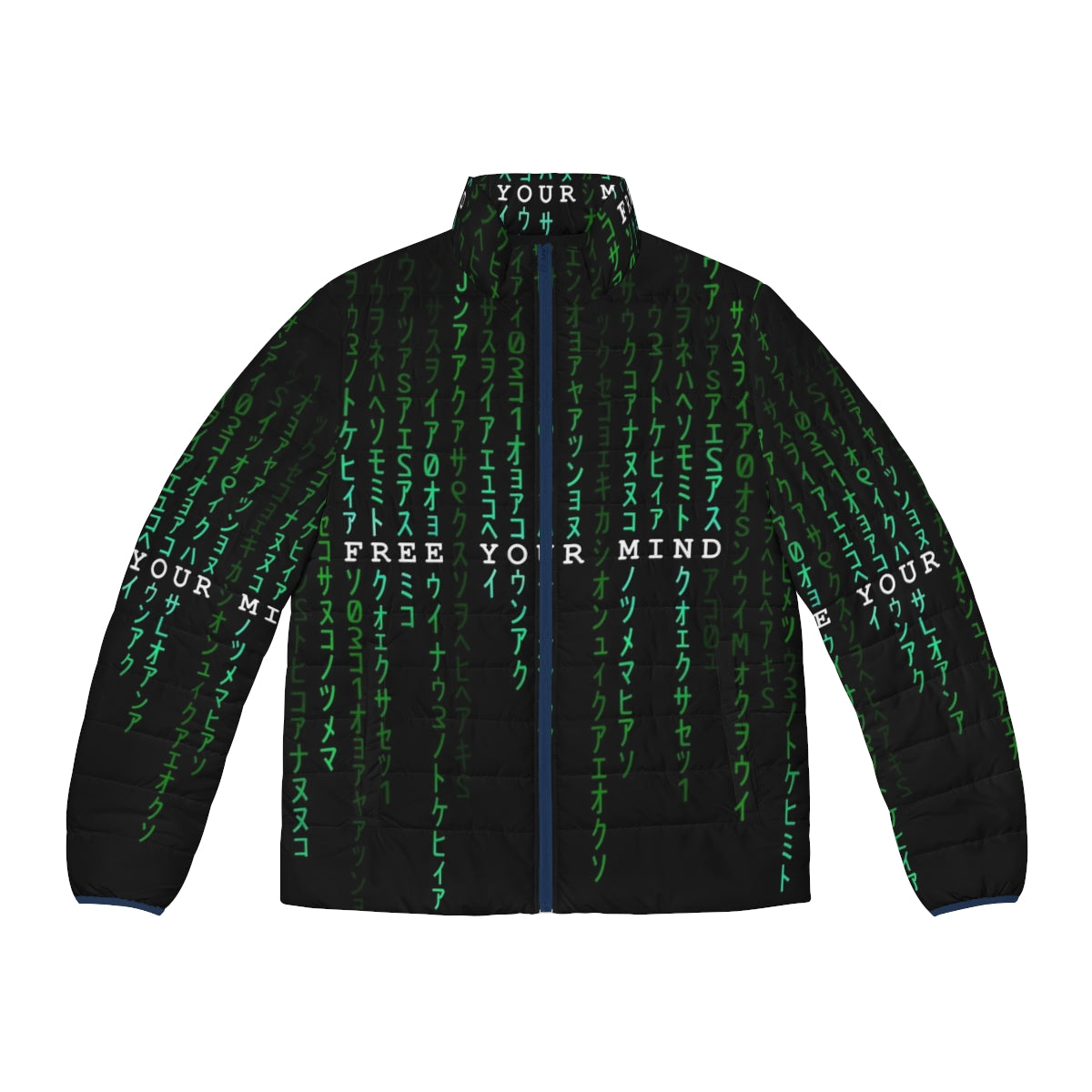 A puffer jacket with a matrix-inspired "free your mind" design and digital rain pattern