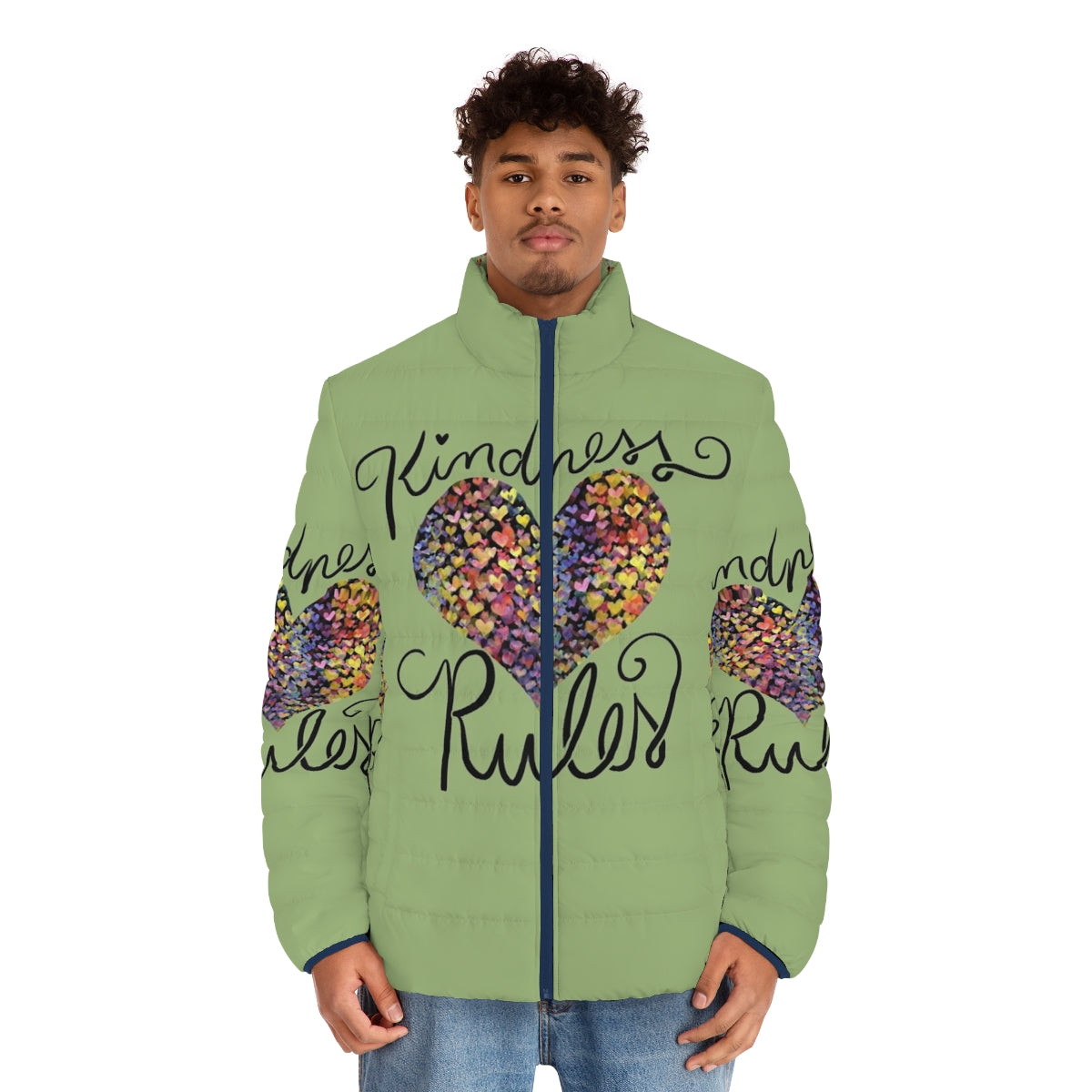 Kindness Rules Puffer Jacket with a Colorful Rainbow Heart Design - men front