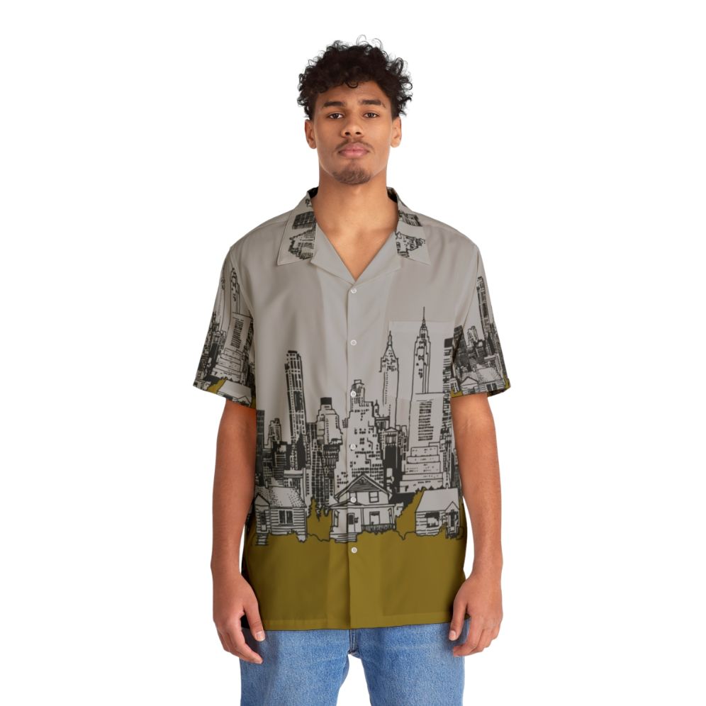 Blank Hawaiian shirt with tropical print inspired by Joni Mitchell's album "The Hissing of Summer Lawns" - People Front