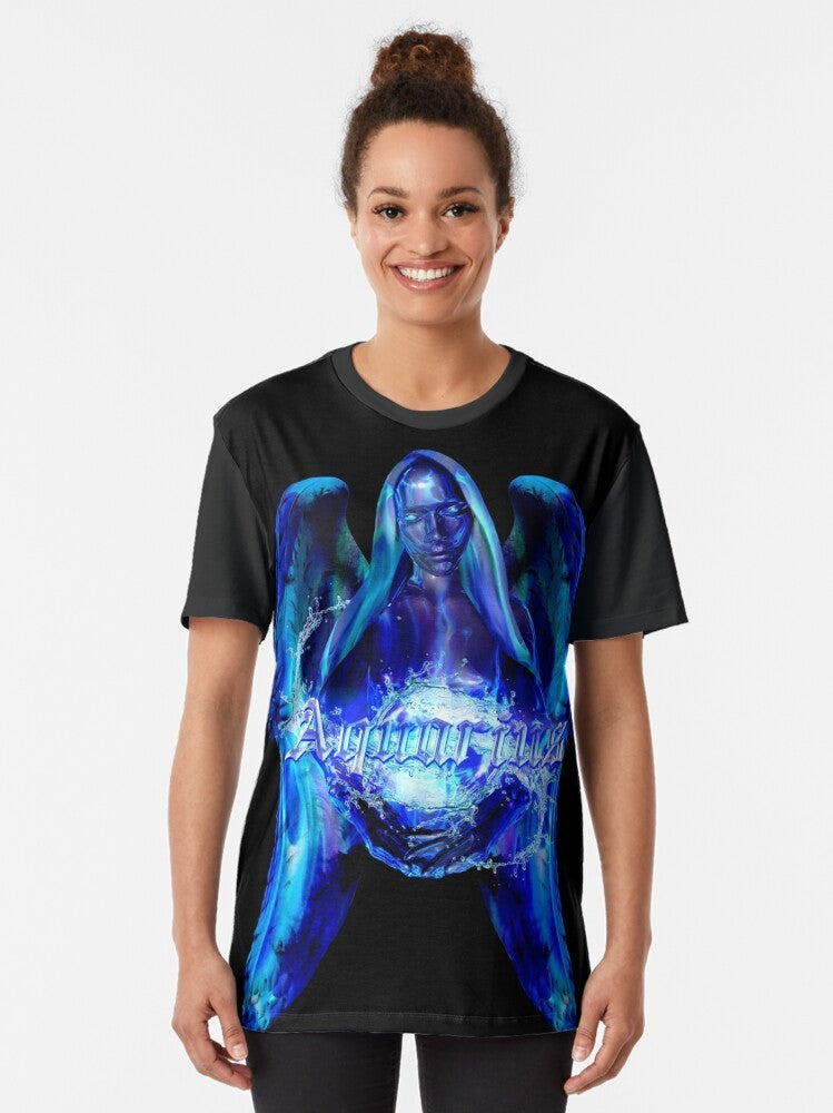 Aquarius Agenda Graphic T-Shirt, featuring a cosmic design with stars and galaxies representing the Aquarius zodiac sign - Women