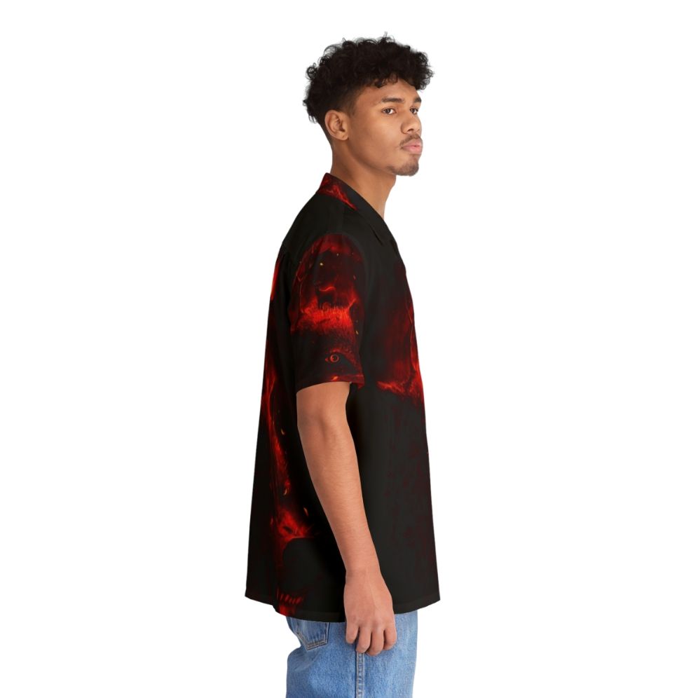 Red Hawaiian shirt with animal prints, nature, and night sky motifs - People Pight