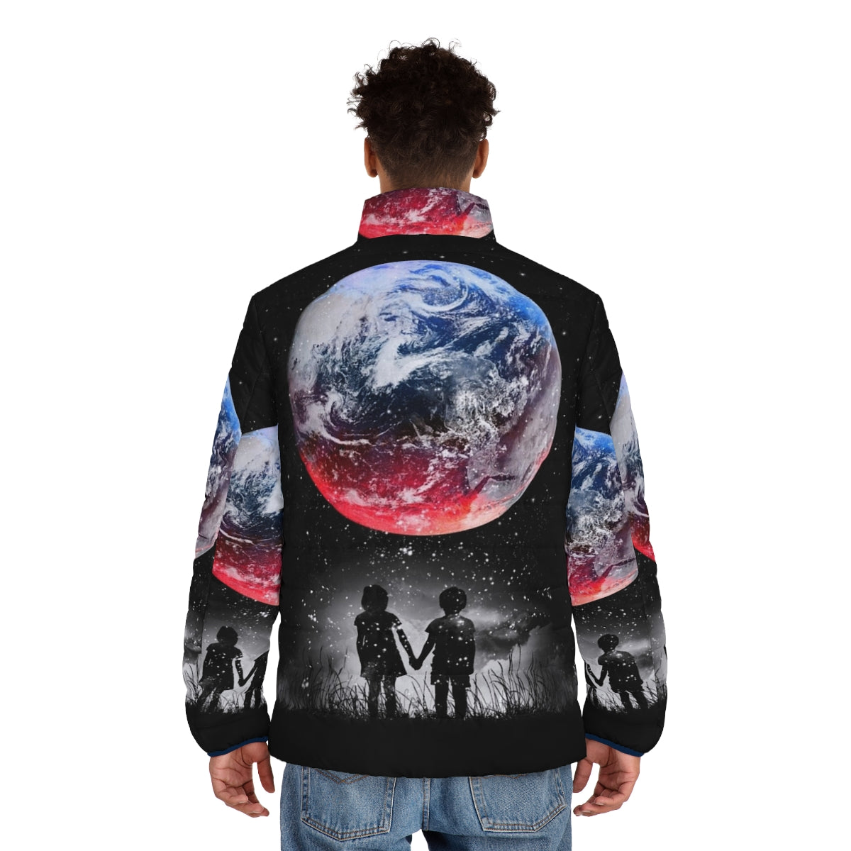 Model wearing a black puffer jacket with a space-themed design featuring stars, planets, and the universe - men back