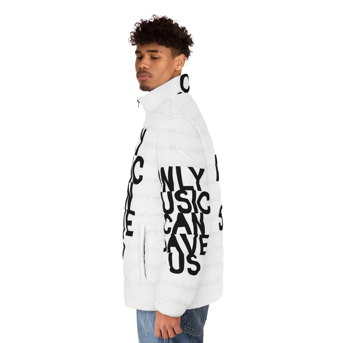 Puffer jacket with "Only Music Can Save Us" music quote and hand-drawn typography design - men side left