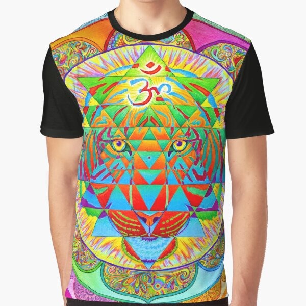 Psychedelic tiger surrounded by a colorful Sri Yantra mandala design on a graphic t-shirt.