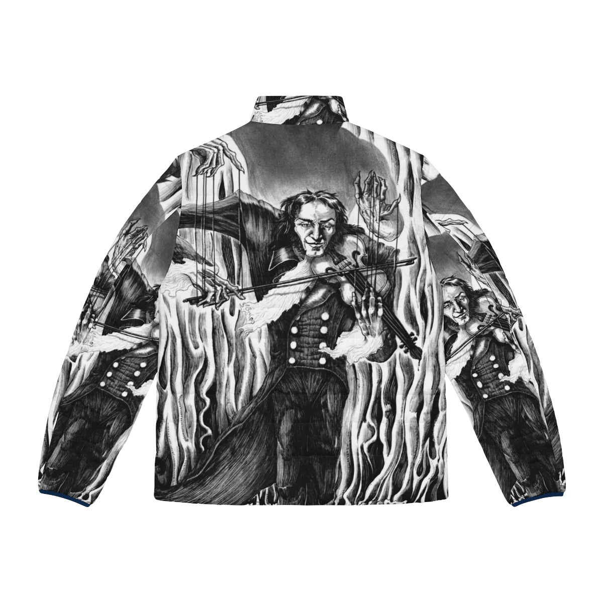 Puffer jacket featuring a dark illustration of Niccolo Paganini, the famous devil violinist - Back