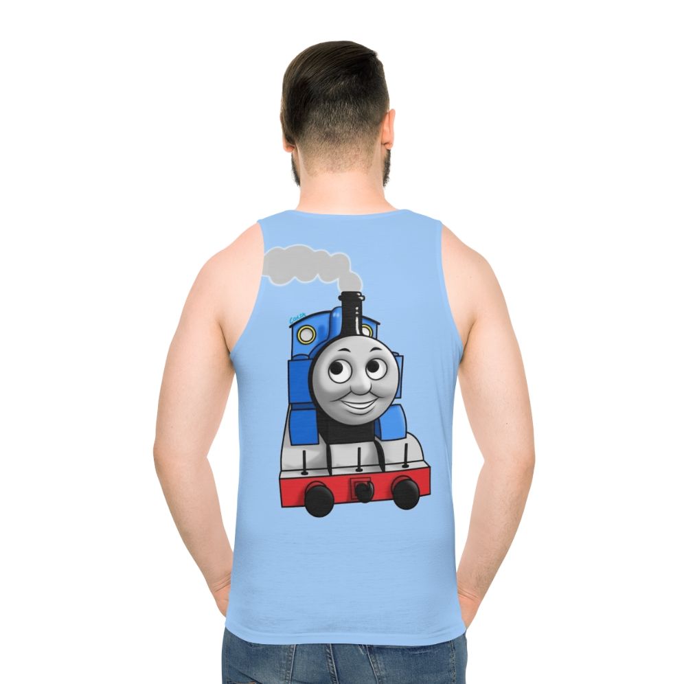 Vintage illustration of Thomas the Tank Engine on a unisex tank top - men back