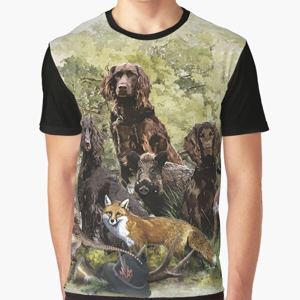 Graphic t-shirt featuring a Wachtelhund (German Spaniel), a versatile hunting dog breed.