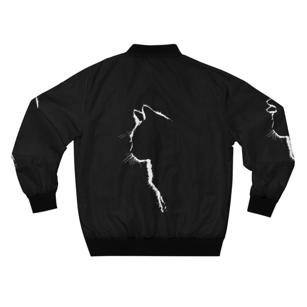 A stylish bomber jacket featuring a minimalist cat silhouette design in black and white. - Back