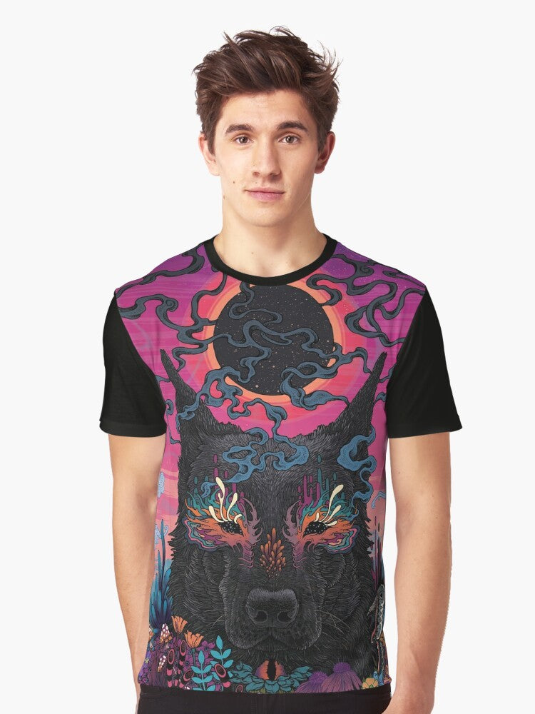 A graphic t-shirt featuring a psychedelic, surreal design of a dog in nature with neon colors and floral elements. - Men