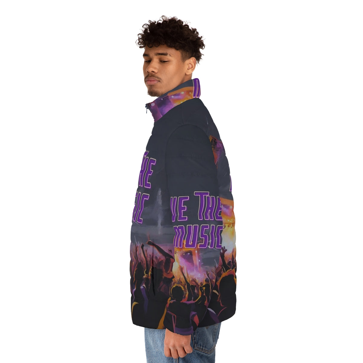 Live The Music Puffer Jacket, featuring music-inspired design and techno fashion style - men side left