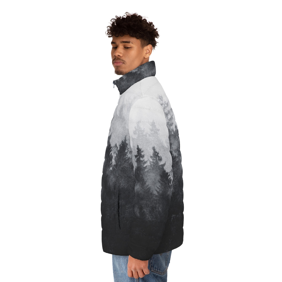 A vintage-inspired puffer jacket in a serene winter landscape - men side left