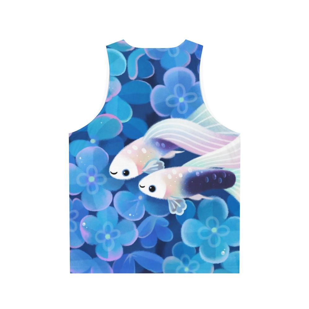 Unisex tuxedo guppy tank top with blue hydrangea floral design - Back