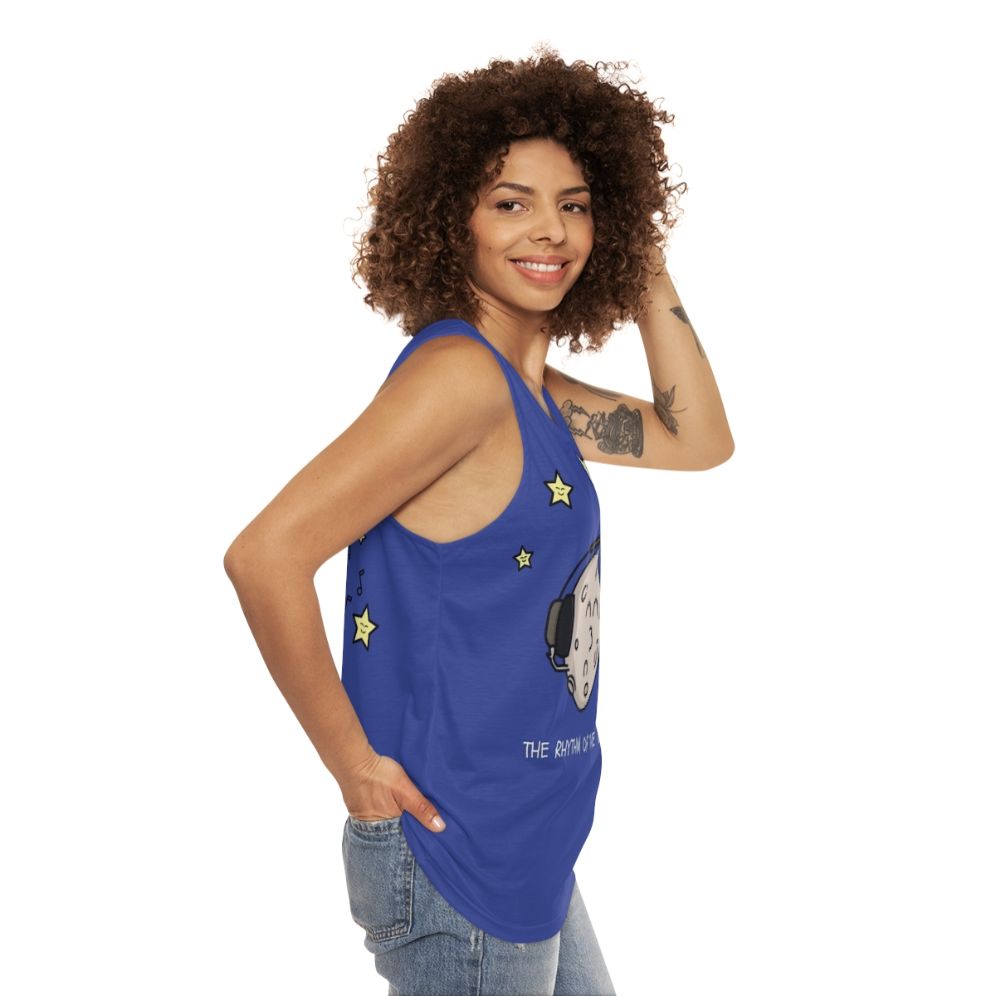 Unisex tank top with night sky and rhythmic beats design - women side