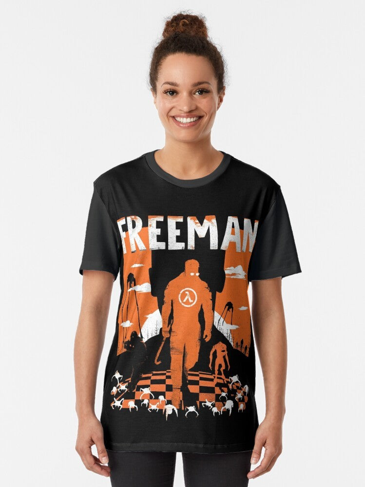 Vintage-style graphic t-shirt featuring the character Gordon Freeman from the Half Life video game series. - Women