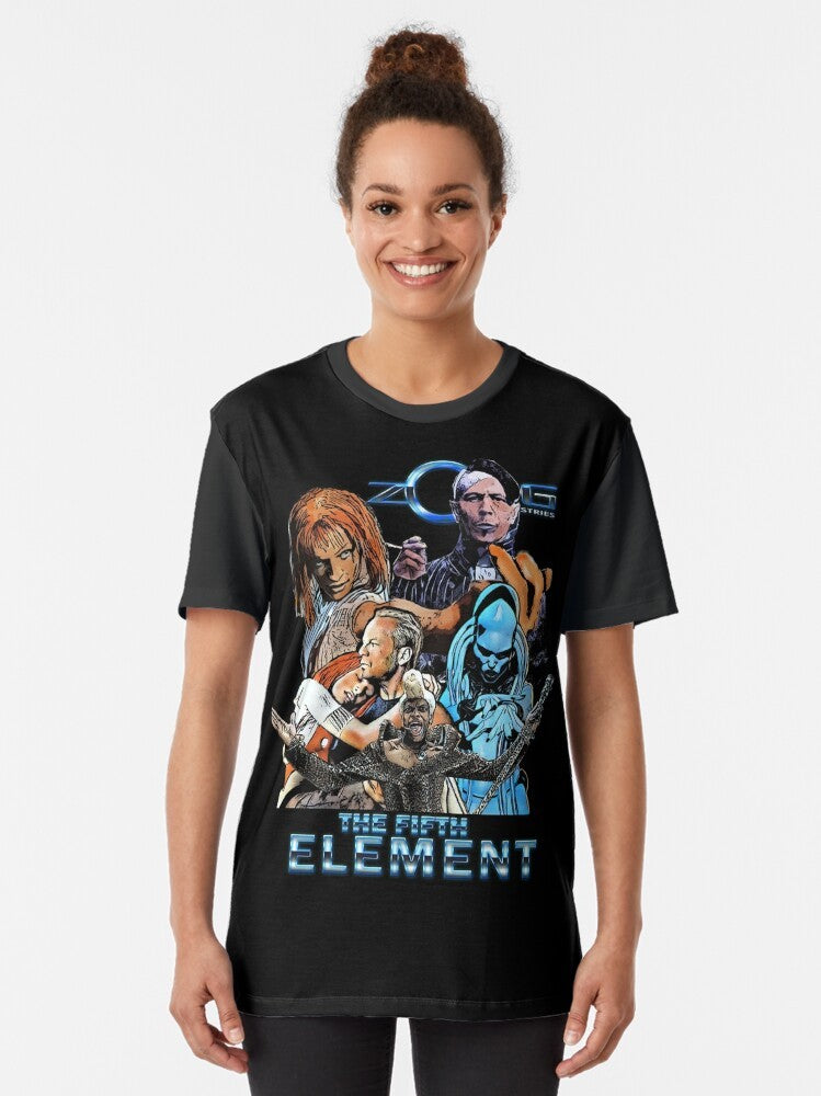 The Fifth Element graphic t-shirt featuring the iconic Zorg Industries logo and characters from the classic 90s sci-fi movie - Women