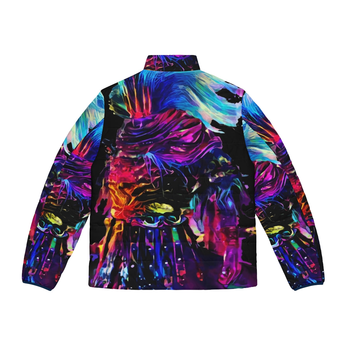 Nameless Synthwave King Puffer Jacket featuring a retro-futuristic, cyberpunk design. - Back