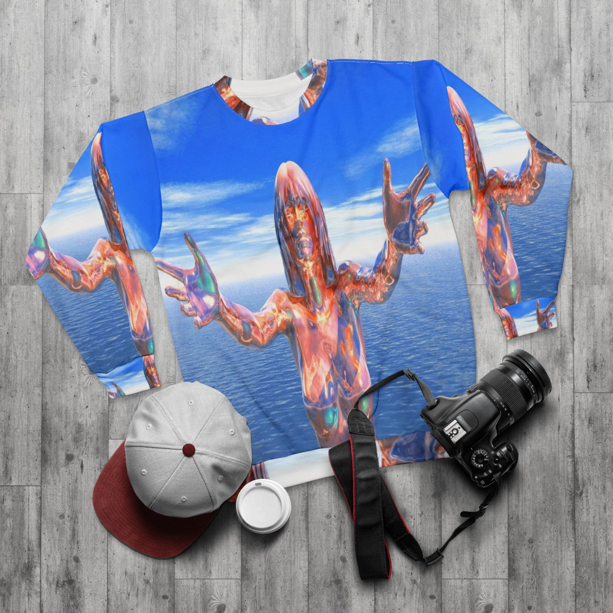 Zombie-themed sweatshirt with abstract, colorful design - flat lay