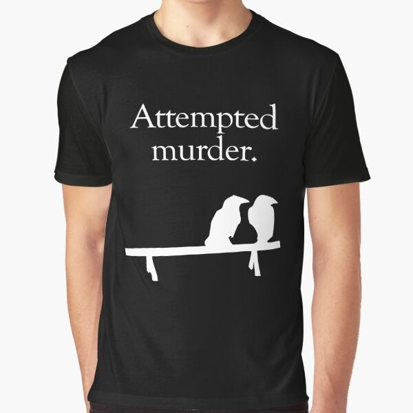 A graphic t-shirt design featuring the text "Attempted Murder" with stylized crows in black and white.