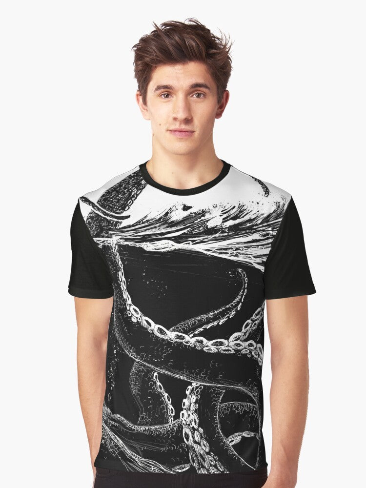 Kraken graphic t-shirt with a black and white illustration of a giant sea monster with tentacles - Men