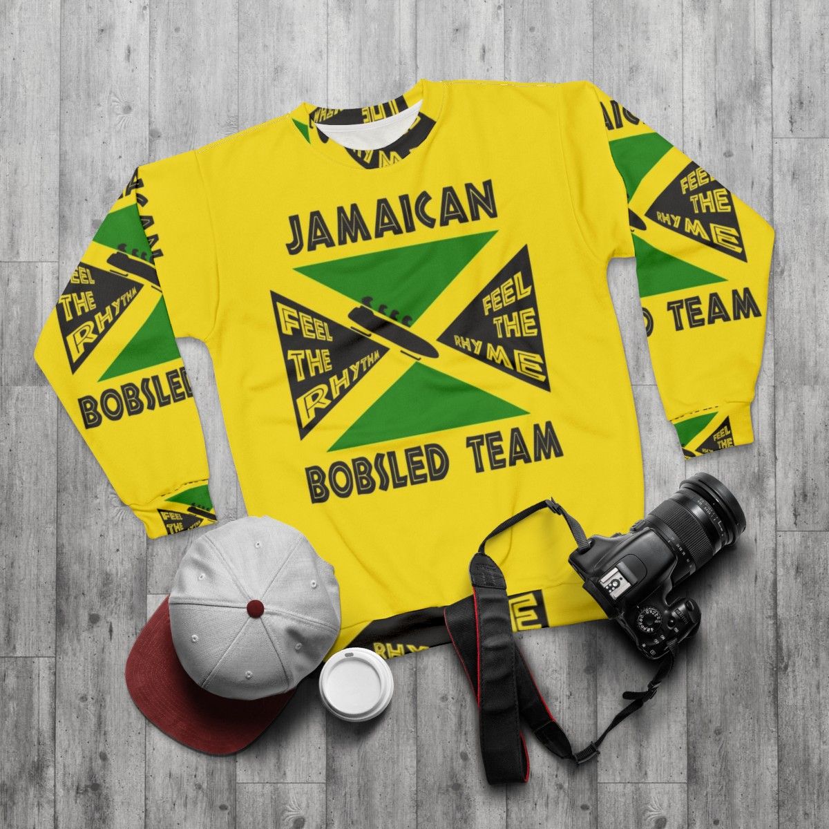 Jamaican Bobsled Team Sweatshirt with Cool Runnings Inspired 90s Retro Design - flat lay