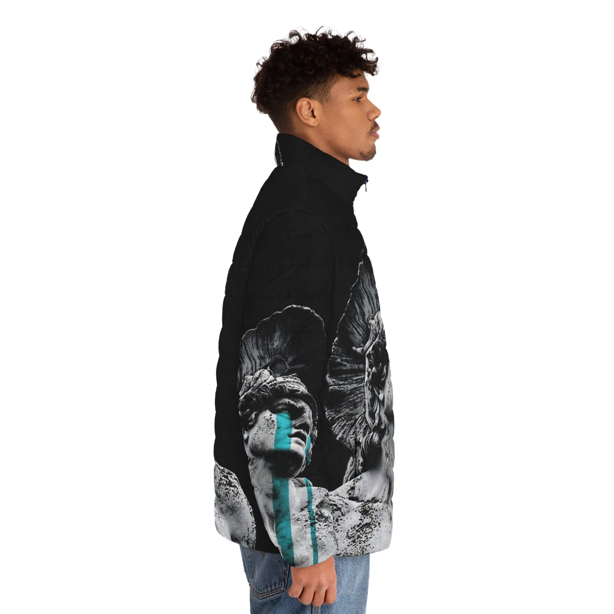 A puffer jacket featuring a digital art collage of a crying ancient Greek soldier in a surreal, black and white setting - men side right