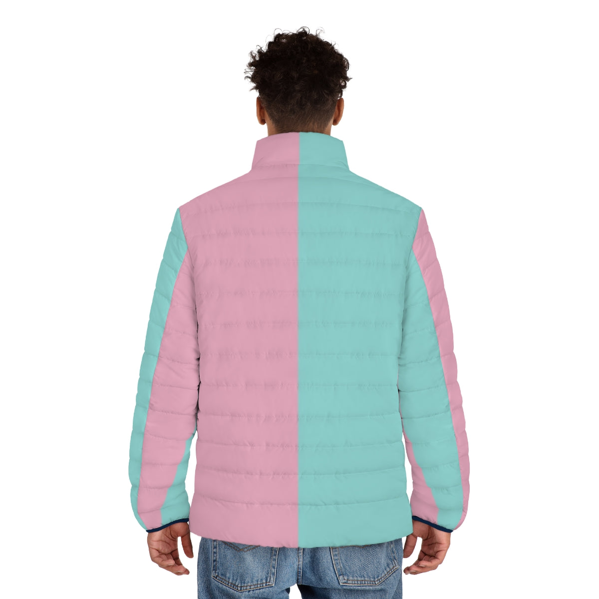 Half pink and blue colorblock puffer jacket - men back