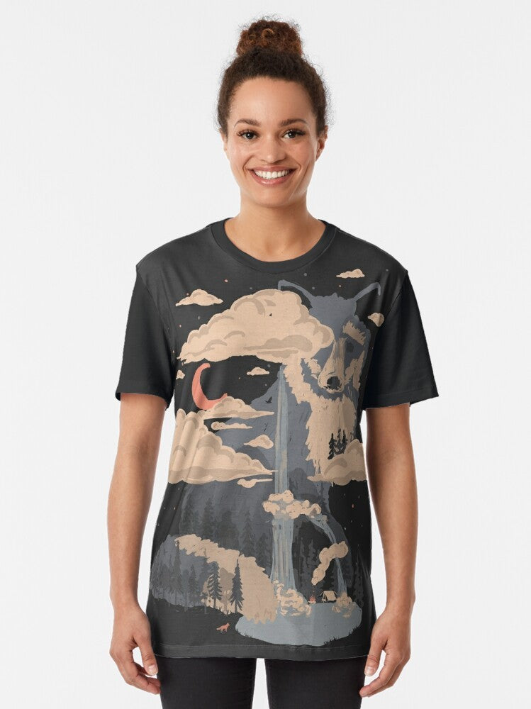 Graphic t-shirt design featuring a scenic nature landscape with a waterfall, pond, and fox in the mountains - Women