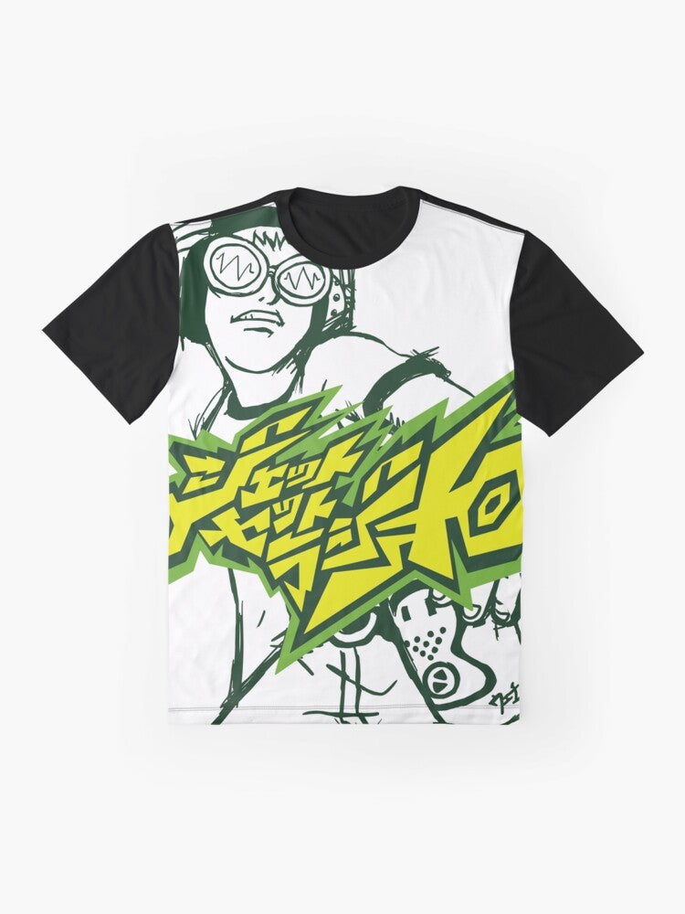 Retro Jet Set Radio graphic t-shirt with pixel beat design - Flat lay