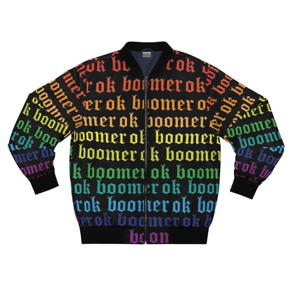 Rainbow "OK Boomer" Bomber Jacket featuring a bold graphic design