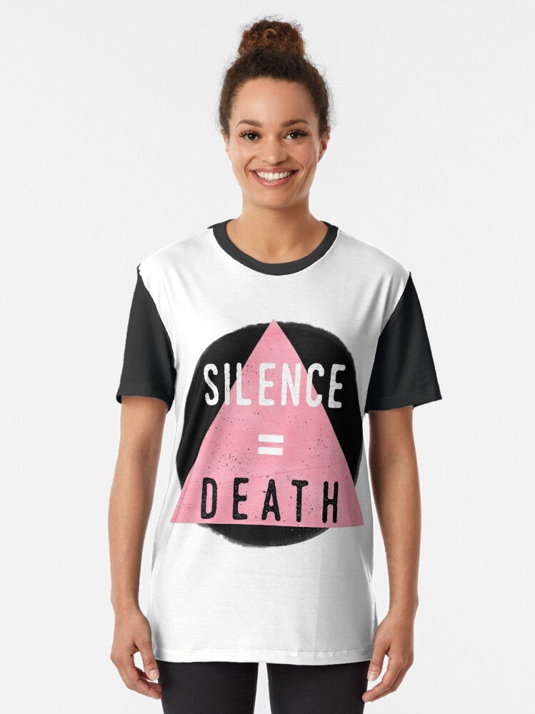 Silence = Death LGBTQ graphic t-shirt design with rainbow Pride colors - Women