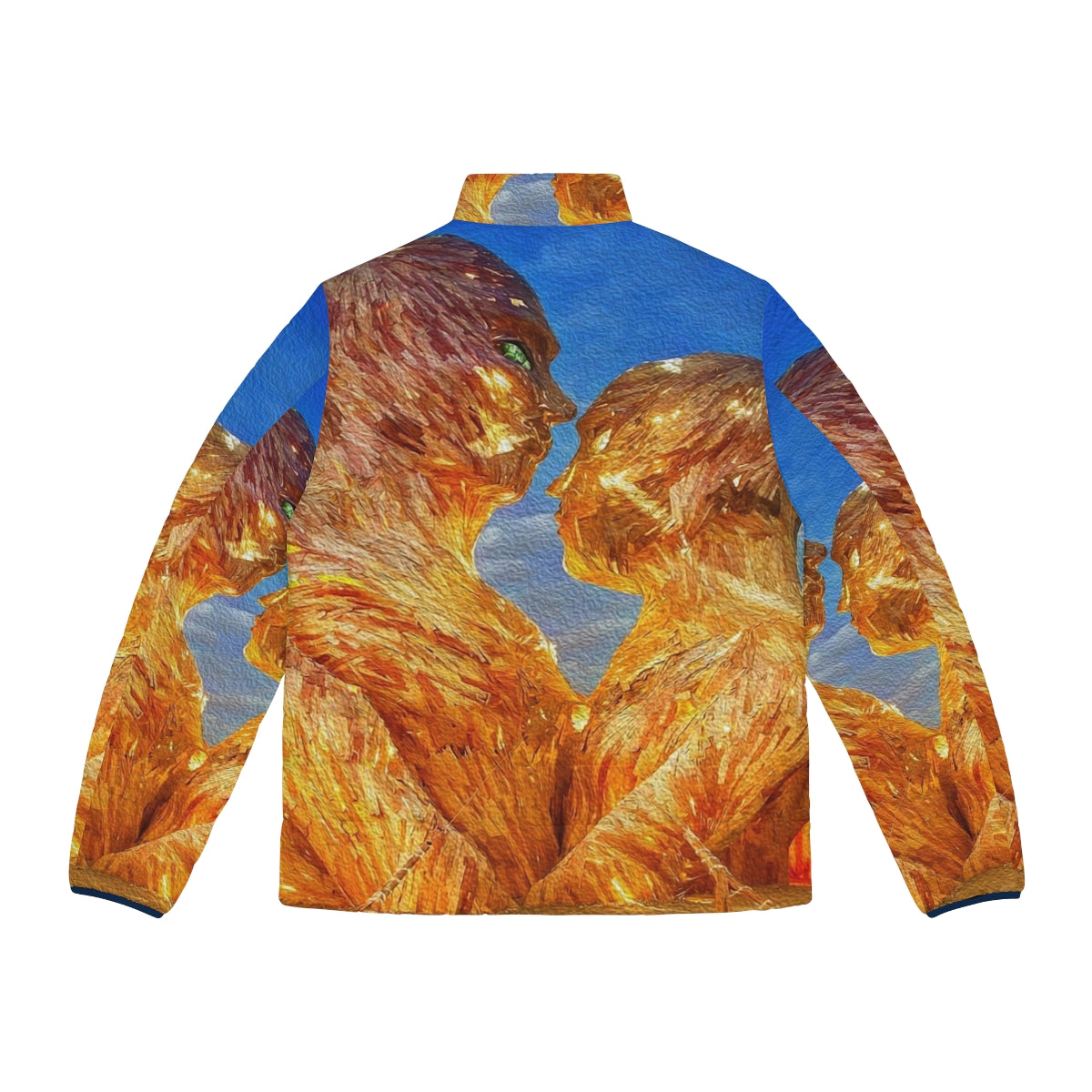 Burning man digital oil painting puffer jacket with dance, music, and nightlife design - Back