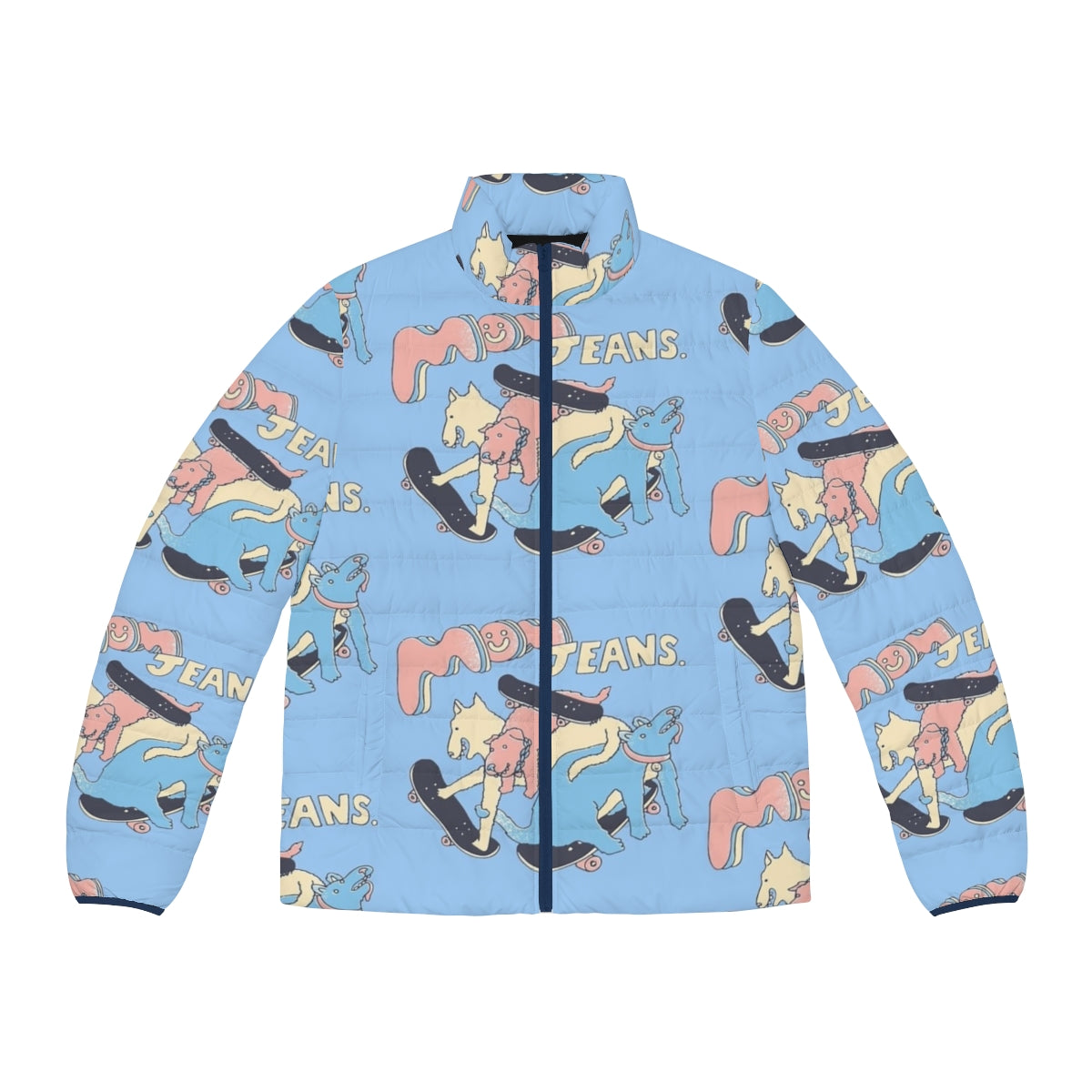 Colorful puffer jacket with mom jeans band and puppy love design