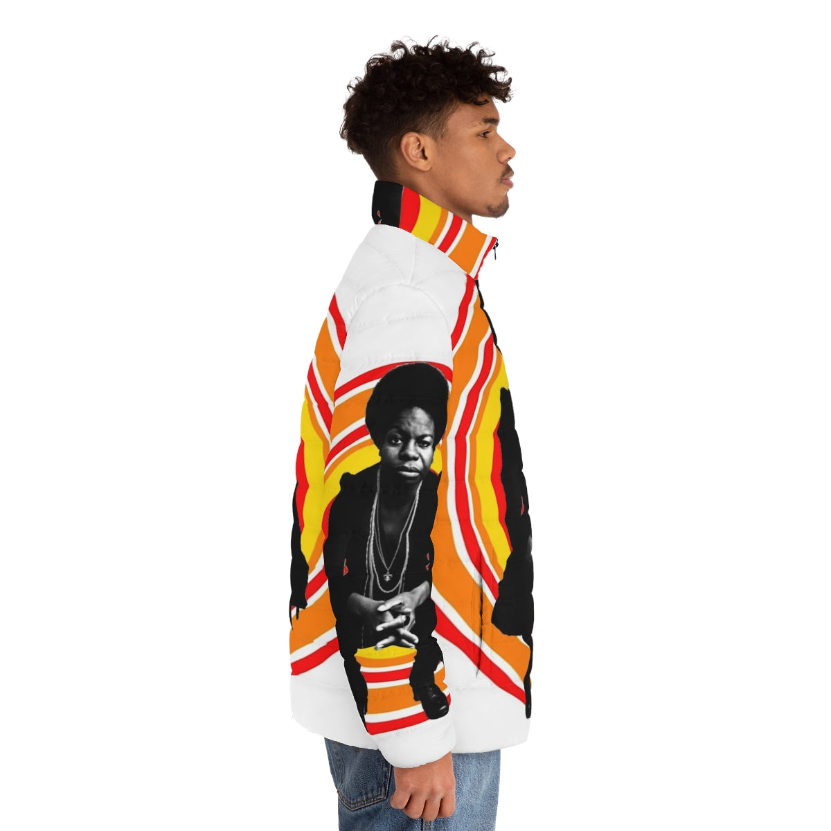 Retro puffer jacket featuring a portrait of jazz singer and pianist Nina Simone - men side right