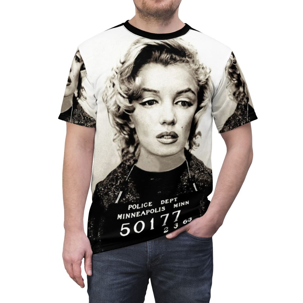 Marilyn Monroe inspired mugshot design printed on a quality t-shirt - men front