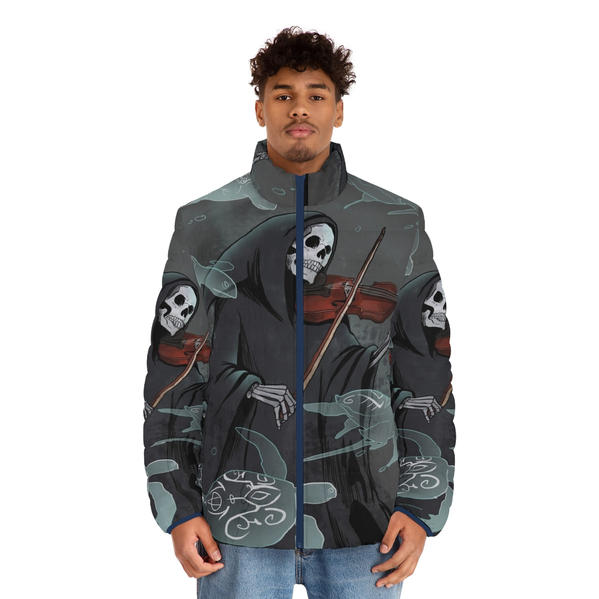 A dark and moody puffer jacket with a symphony and grim reaper design - men front