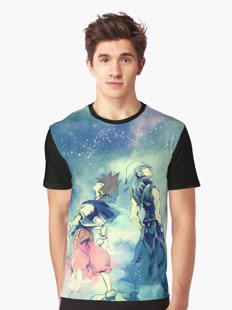 A colorful graphic t-shirt design featuring characters from the Kingdom Hearts video game series, with the text "One Sky One Destiny" and various symbols and icons. - Men