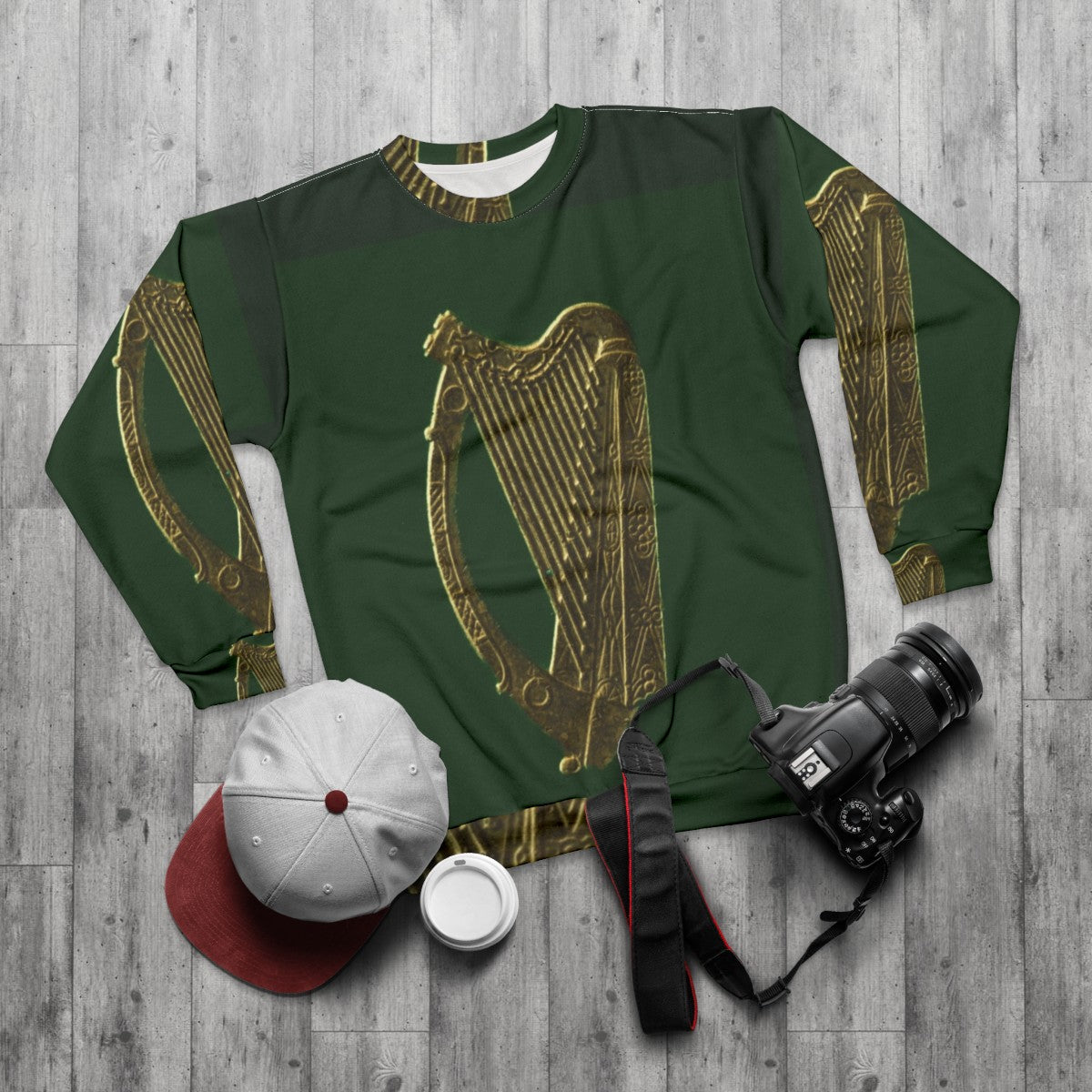 Green Irish Celtic Harp Sweatshirt - flat lay