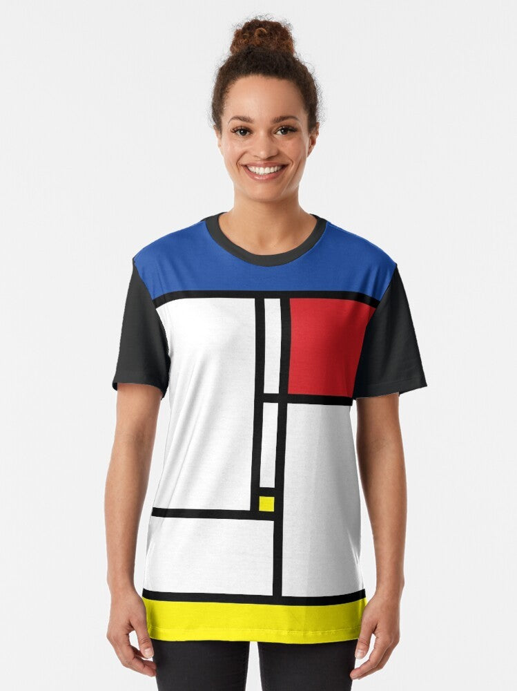 Mondrian minimalist art graphic t-shirt featuring a modern, abstract design in primary colors of red, blue, and yellow. - Women