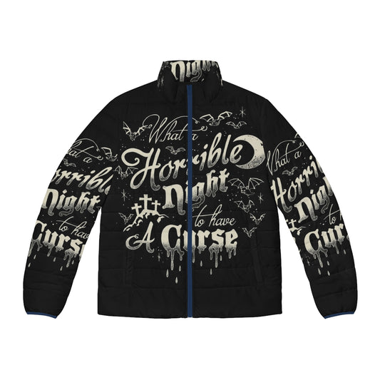 A Castlevania-themed puffer jacket with a "A Horrible Night To Have A Curse" typography design