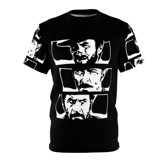 Vintage-inspired t-shirt design featuring a tribute to the classic Sergio Leone spaghetti western film "The Good, The Bad and The Ugly"