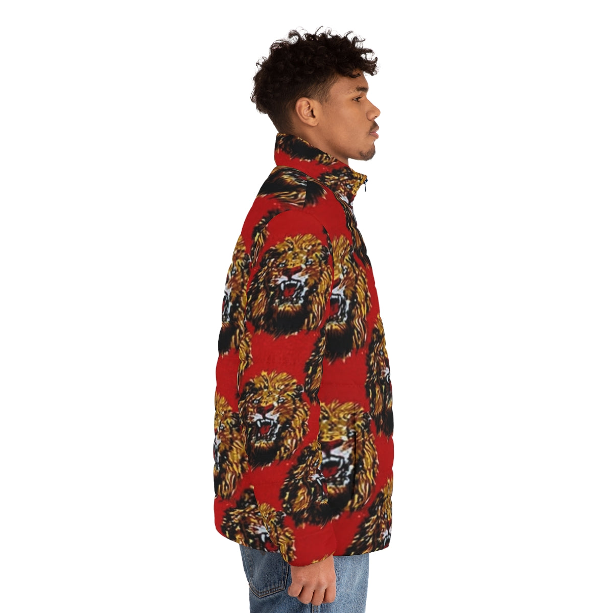 Red puffer jacket with Isi Agu (Lion Head) Igbo cultural patterns - men side right