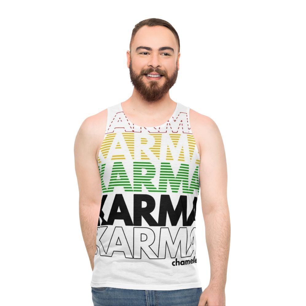 Retro 1980s unisex tank top with Karma Club design - men