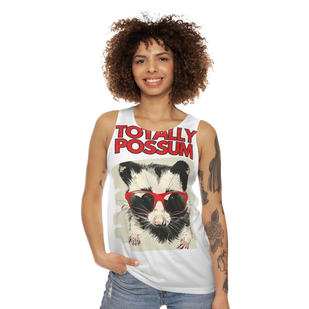 A model wearing a Possum Unisex Tank Top - women