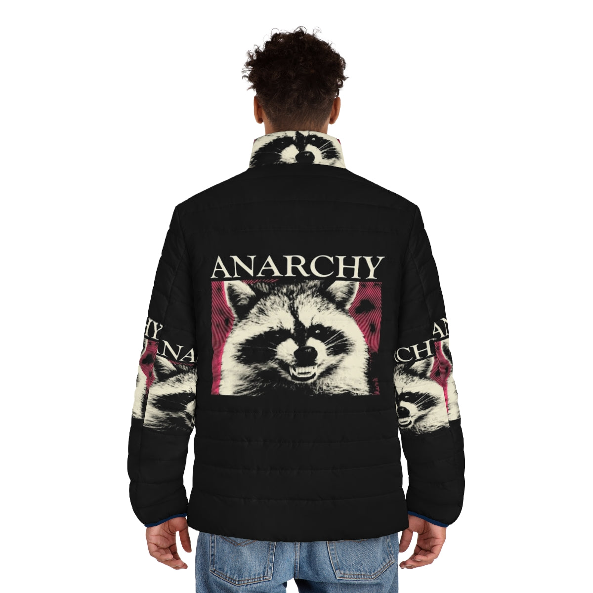 Anarchy Raccoon in a pink puffer jacket, a humorous and trendy design for raccoon lovers - men back