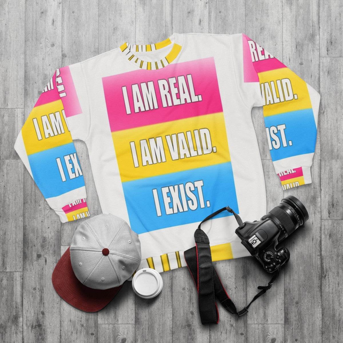 Pansexual Pride "I Am Real I Am Valid I Exist" Sweatshirt - flat lay