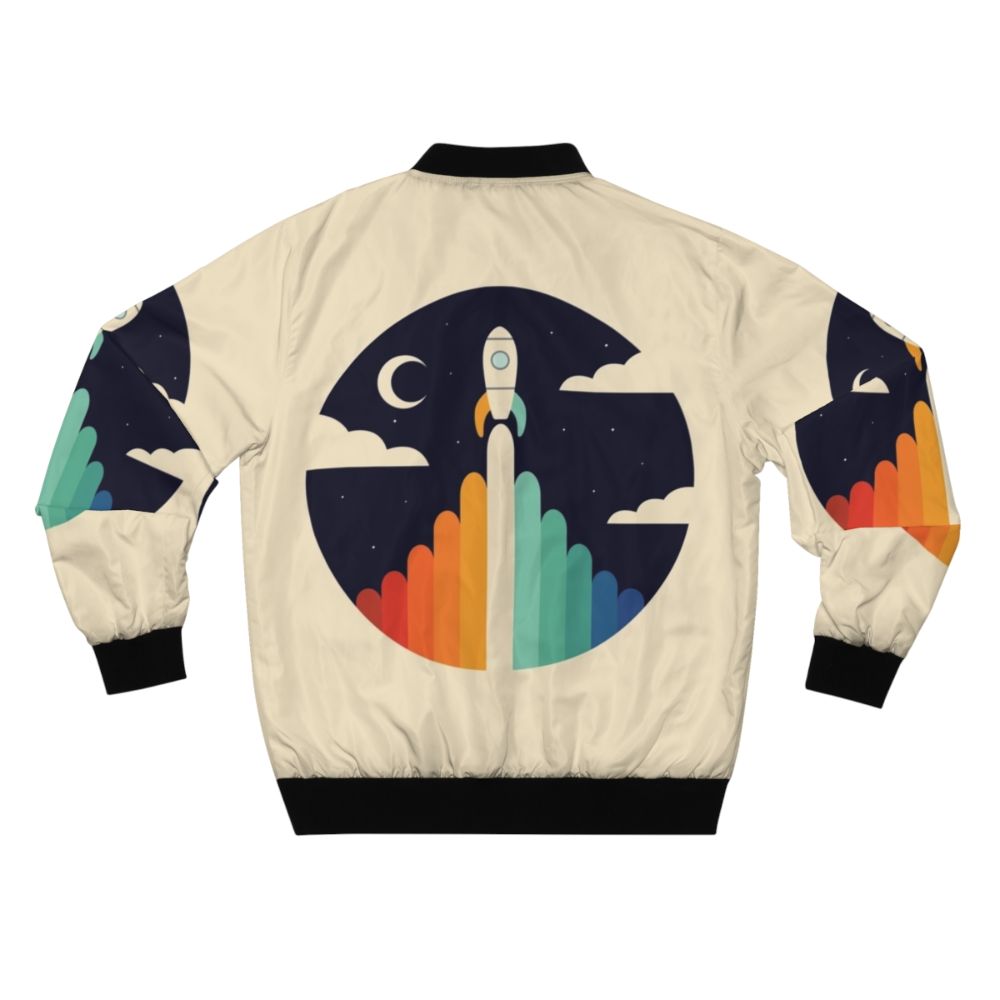 Up bomber jacket featuring a graphic of a rocket, moon, and clouds - Back