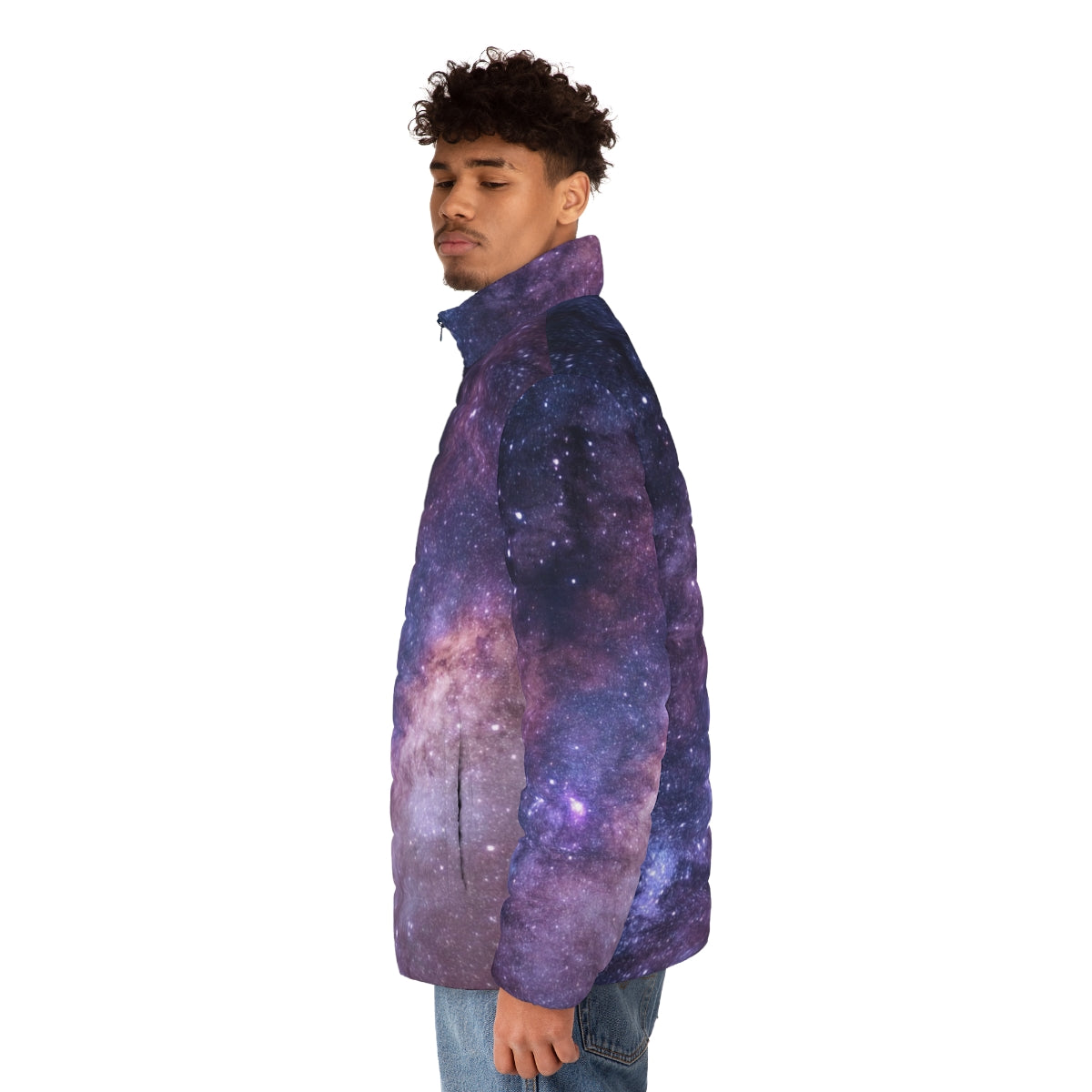 A model wearing a galaxy-printed puffer jacket, featuring a focus on the space-themed design. - men side left